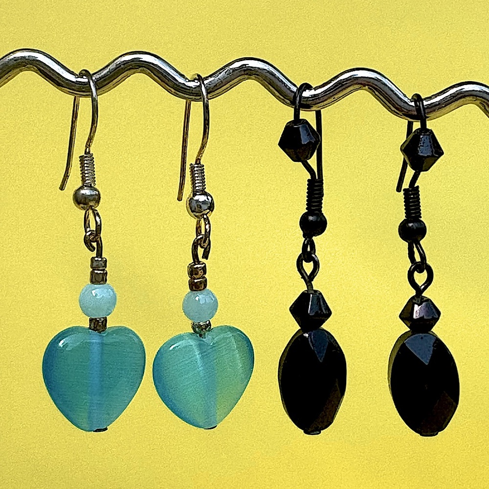 Earrings Pierced Dangle Handcrafted Unique Design Blue Hearts&Beads - BlackFacet
